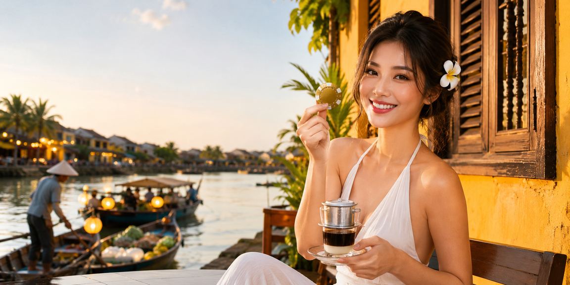 Người chơi tra cứu FAQ 5411 bên ly cà phê tại Hội An